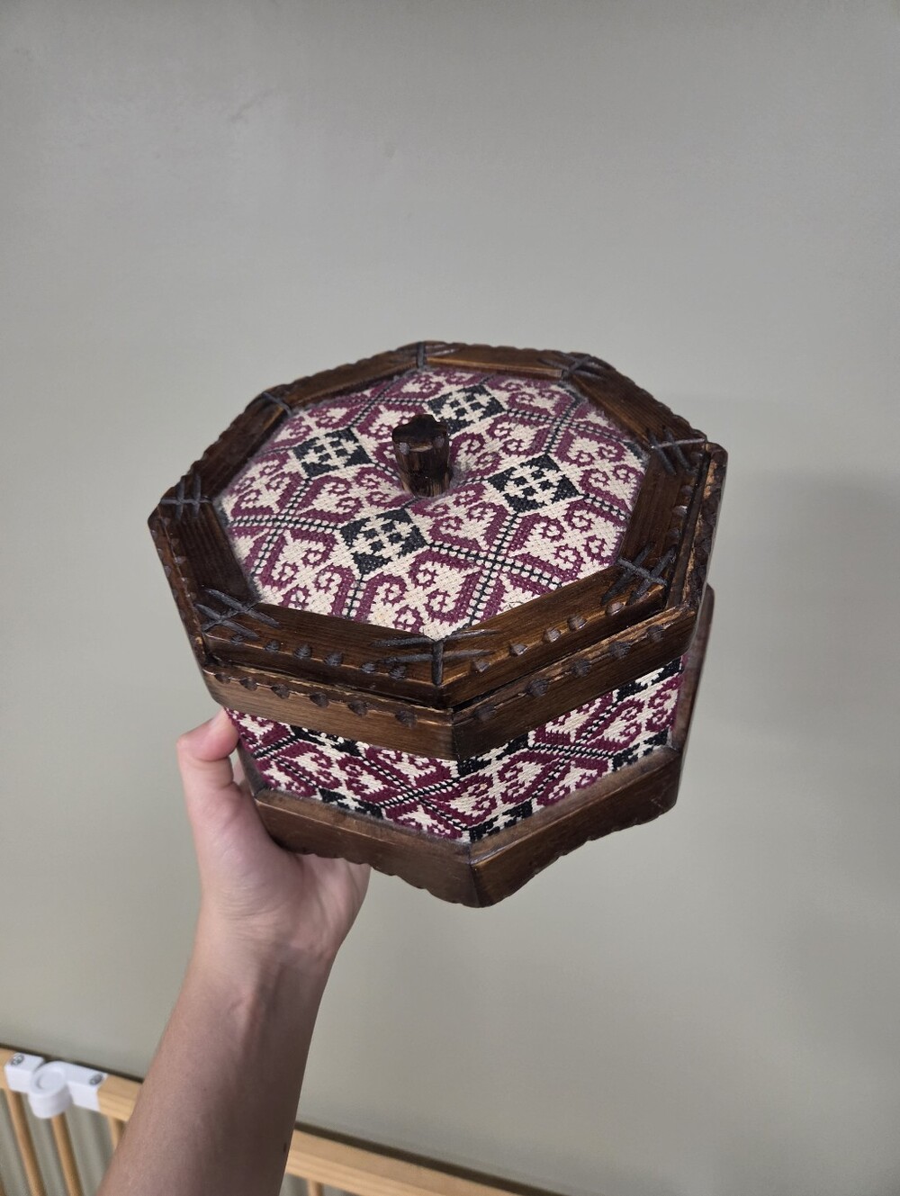 Vintage Octagonal Wooden Trinket Box Folk Art Cross Stitch Floral Geometric Boho - Picture 2 of 8